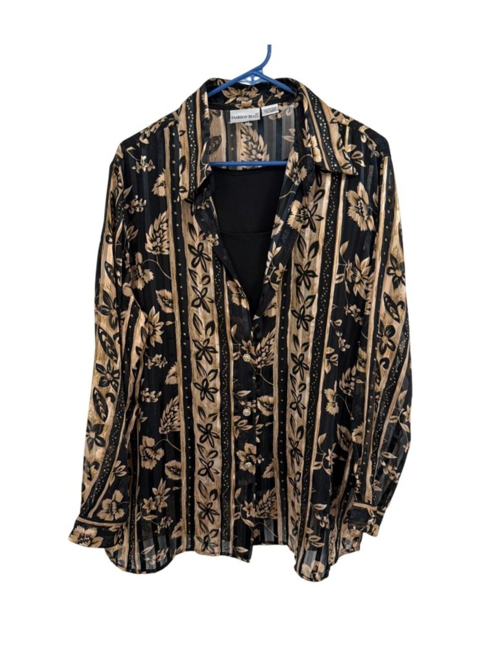 Fashion Bug Button Up Blouse Women’s 18/20 Black Gold Attached Tank Top Floral